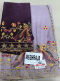 Pale lilac peacock embroidered saree with plum contrast fabric