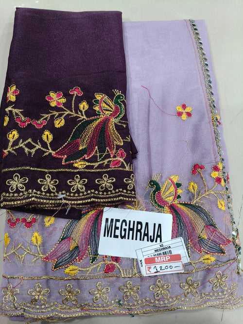 Pale lilac peacock embroidered saree with plum contrast fabric