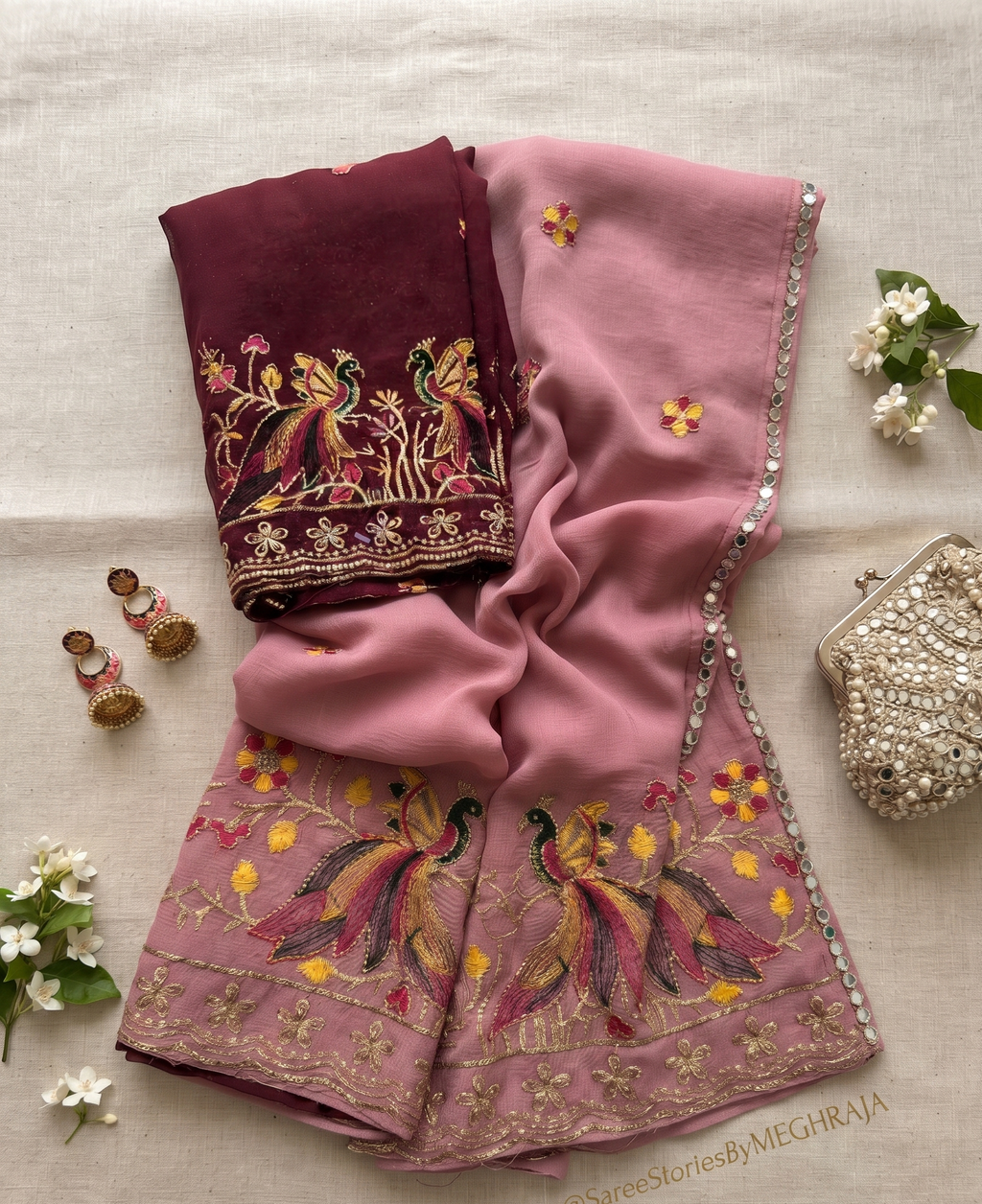 Dusty Pink Peacock Embroidered Saree