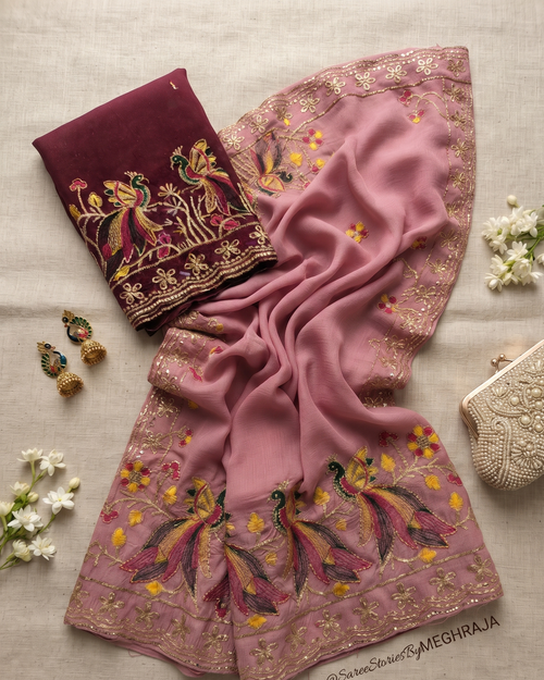 Dusty Pink Peacock Embroidered Saree