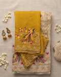 Cream and Mustard Peacock Embroidered Saree