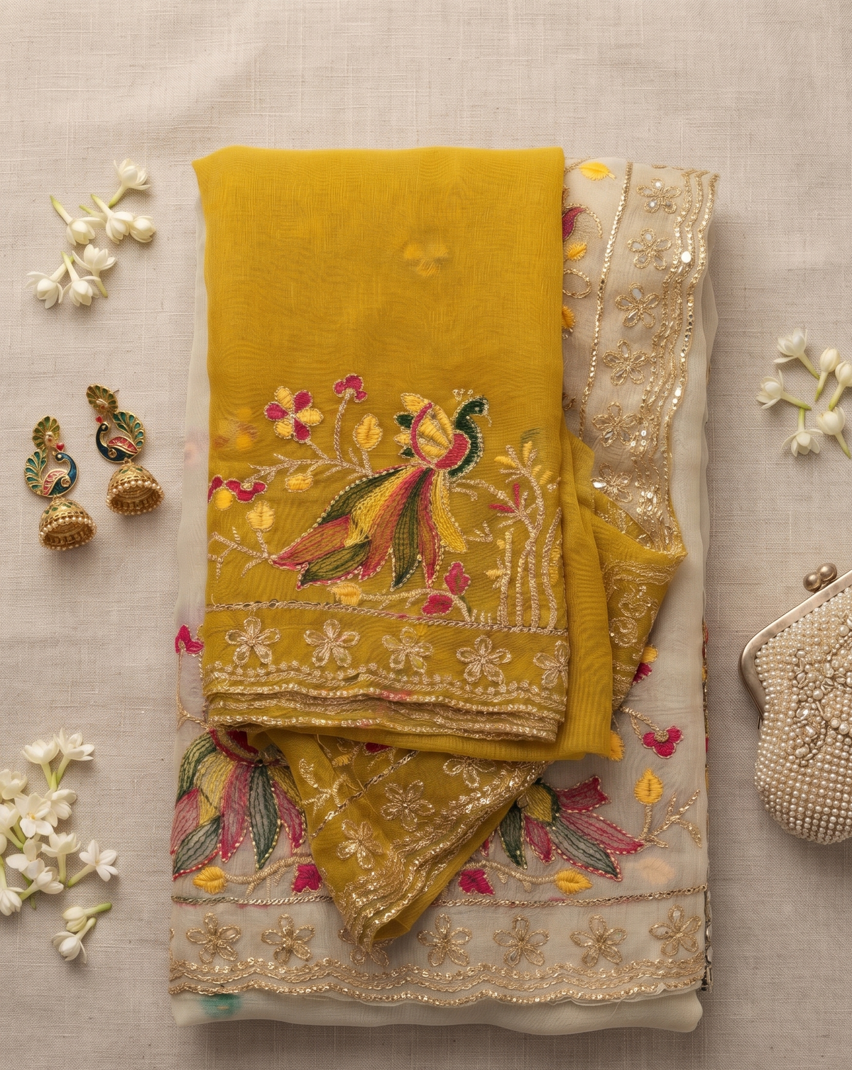 Cream and Mustard Peacock Embroidered Saree