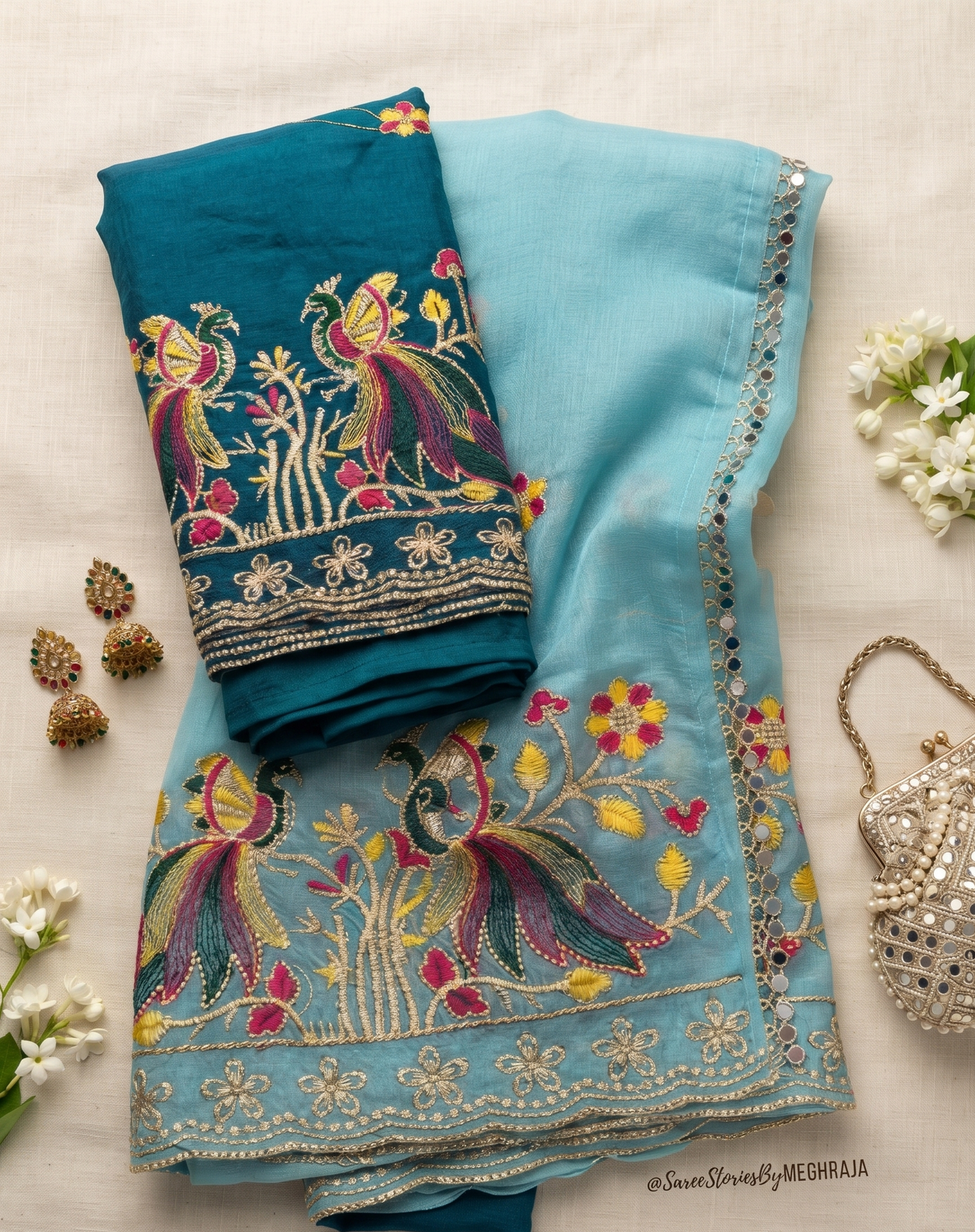 Sky Blue Peacock Embroidered Saree